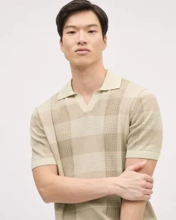 Striped Short-Sleeve Textured Polo with Johnny Collar