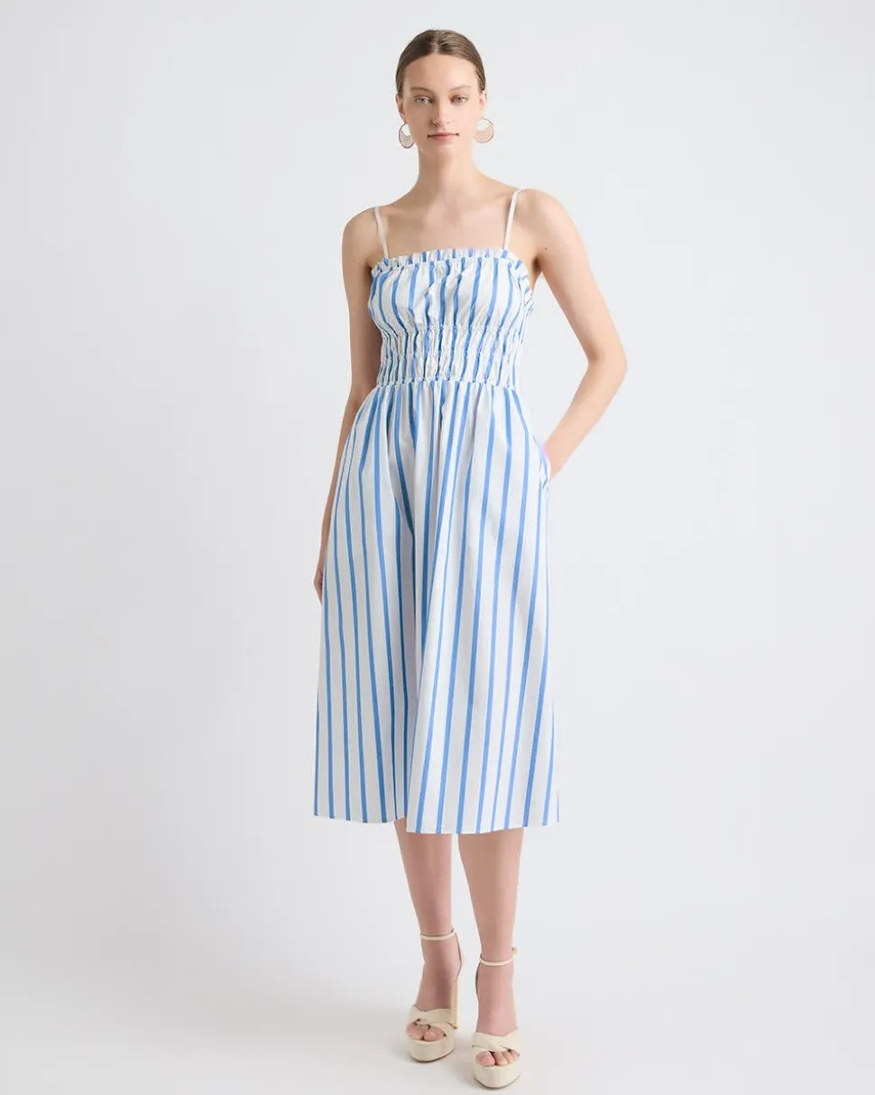 Striped Sleeveless Fit-and-Flare Poplin Midi Dress with Smocked Top