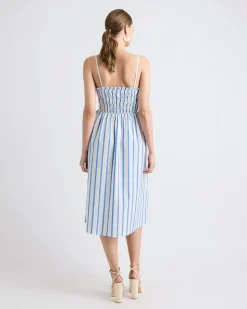 Striped Sleeveless Fit-and-Flare Poplin Midi Dress with Smocked Top