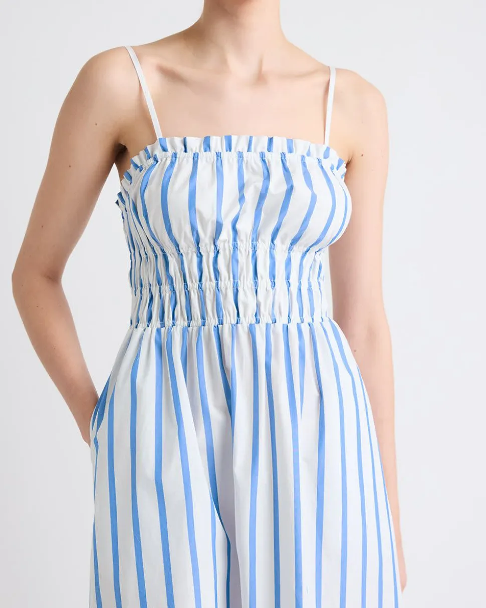 Striped Sleeveless Fit-and-Flare Poplin Midi Dress with Smocked Top