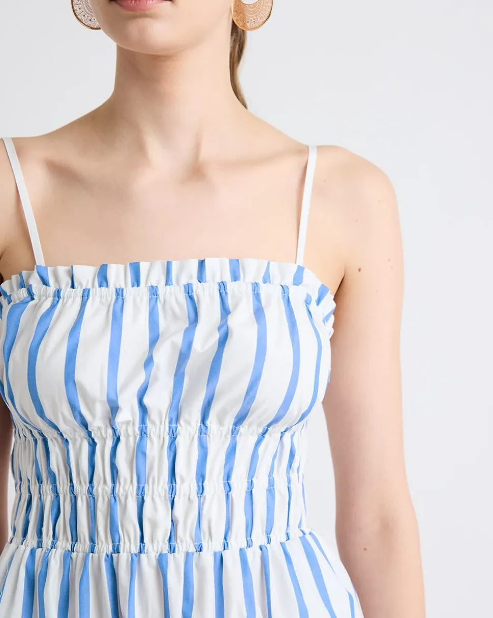 Striped Sleeveless Fit-and-Flare Poplin Midi Dress with Smocked Top