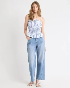 Striped Sleeveless Square-Neck Smocked Poplin Blouse