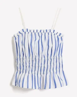 Striped Sleeveless Square-Neck Smocked Poplin Blouse