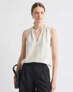 Striped Sleeveless V-Neck Linen-Blend Blouse