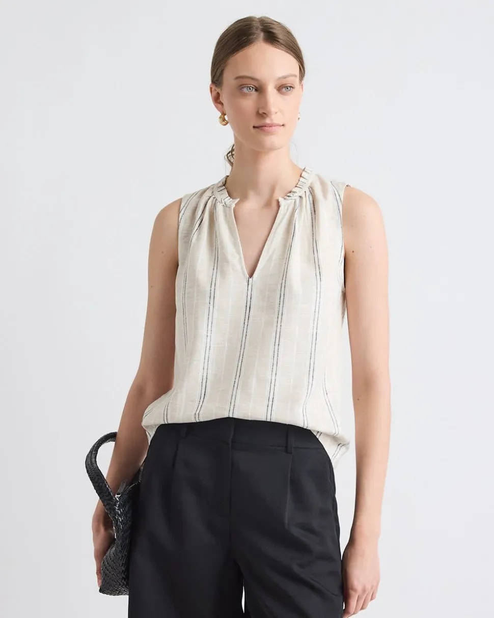 Striped Sleeveless V-Neck Linen-Blend Blouse