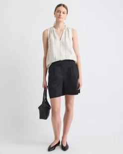 Striped Sleeveless V-Neck Linen-Blend Blouse