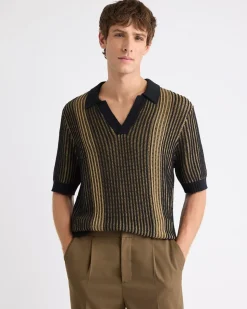 Textured Short-Sleeve Johnny Sweater with Vertical Stripes
