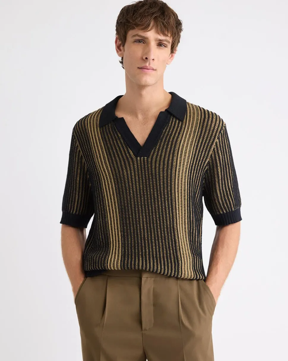Textured Short-Sleeve Johnny Sweater with Vertical Stripes