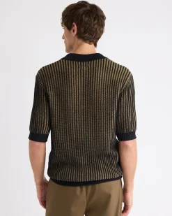 Textured Short-Sleeve Johnny Sweater with Vertical Stripes