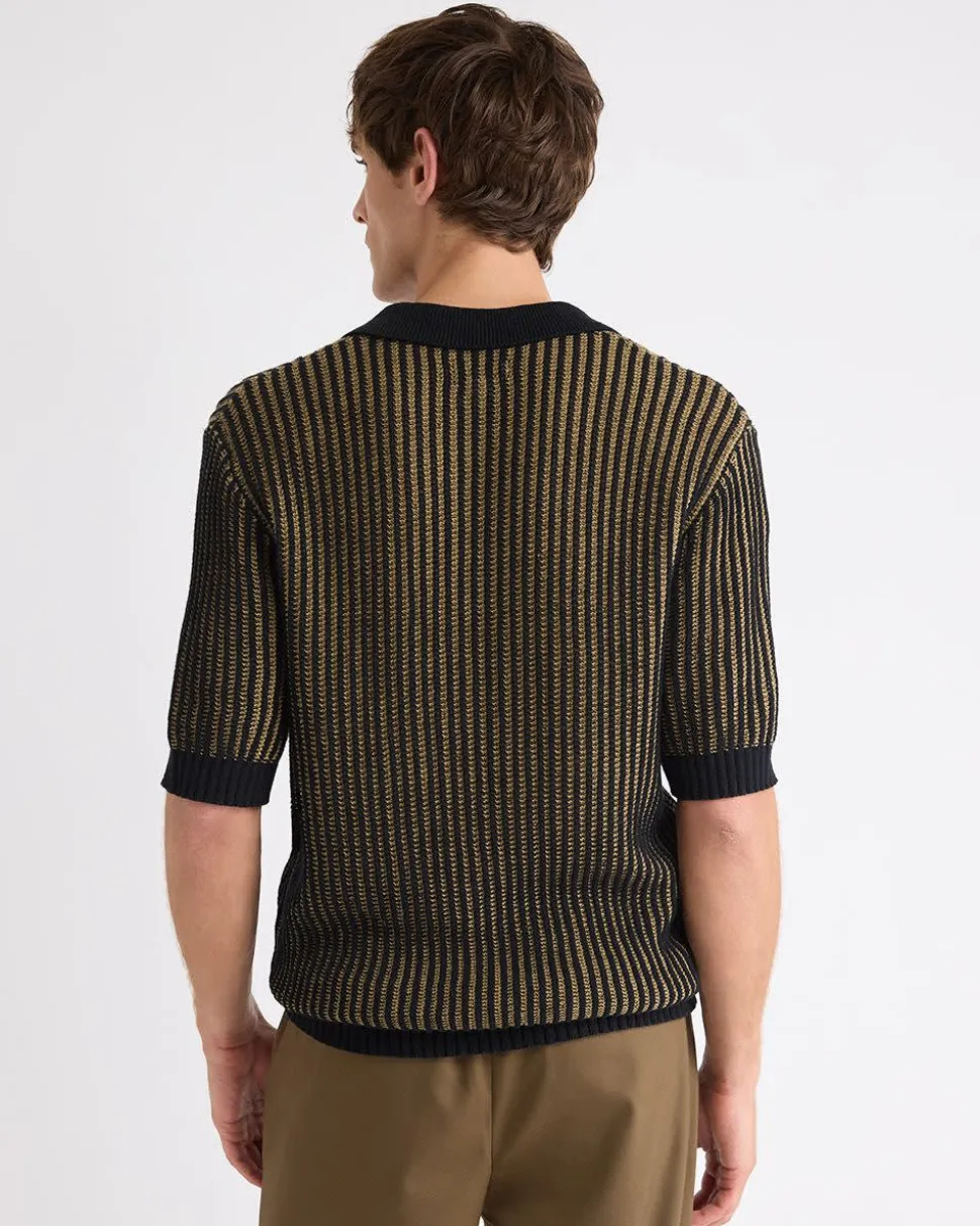 Textured Short-Sleeve Johnny Sweater with Vertical Stripes