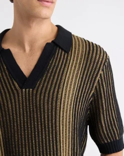 Textured Short-Sleeve Johnny Sweater with Vertical Stripes