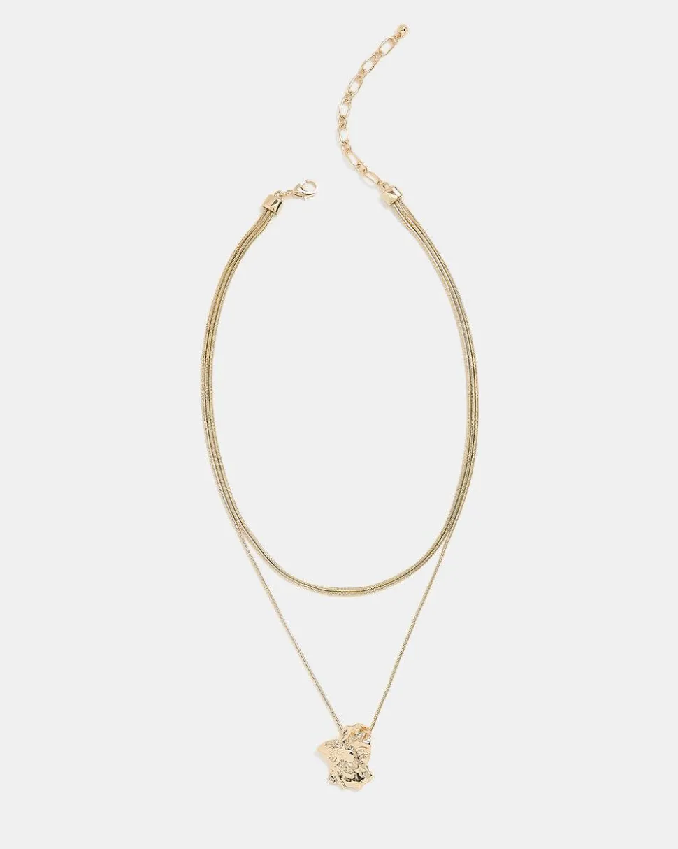 Triple-Chain Short Necklace with Organic Metal Pendant