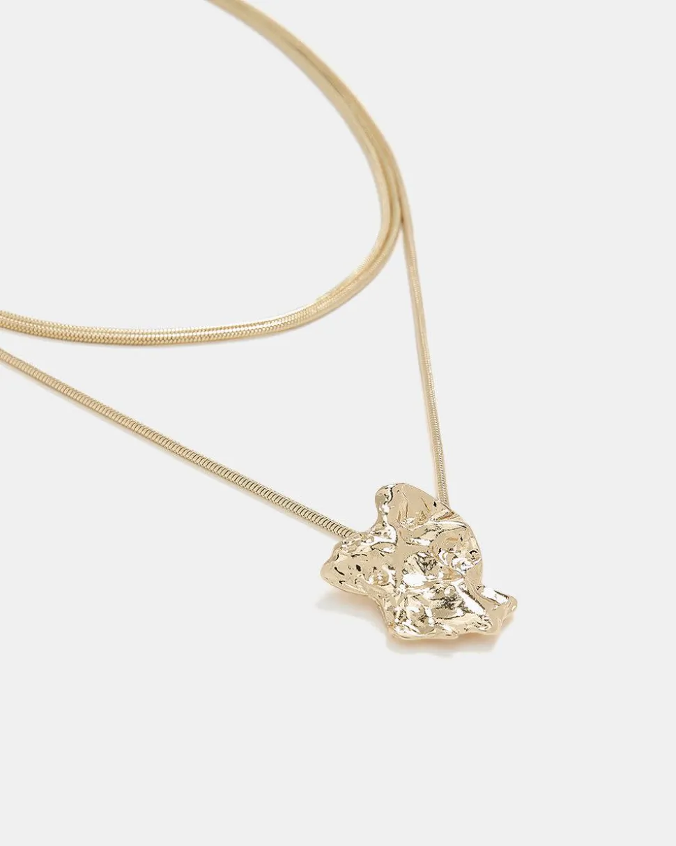 Triple-Chain Short Necklace with Organic Metal Pendant