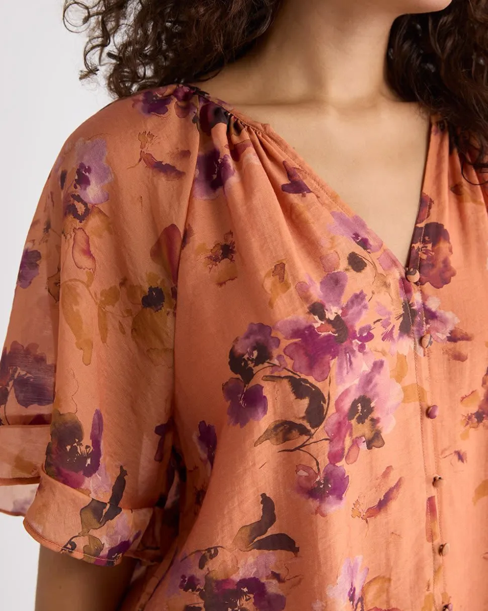 V-Neck Blouse with Short Flutter Sleeves