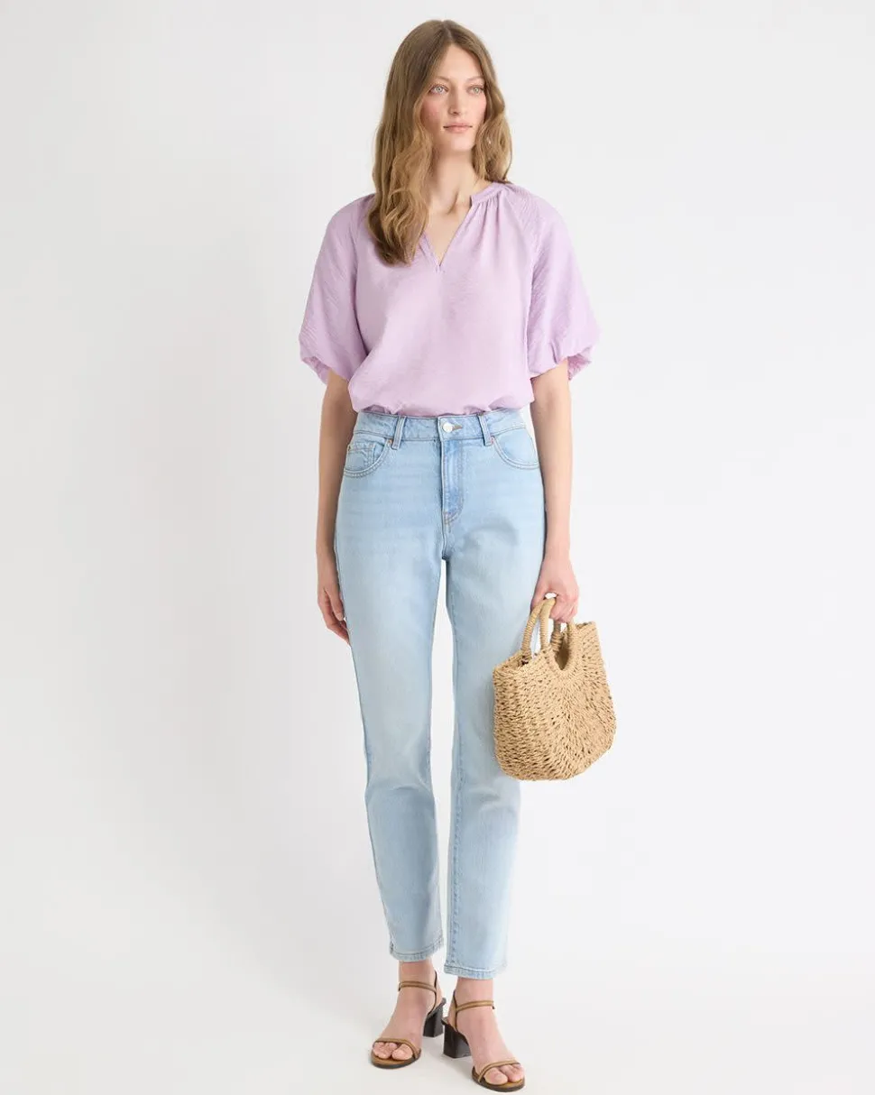 V-Neck Blouse with Short Puffy Sleeves