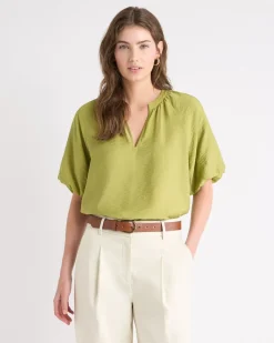 V-Neck Blouse with Short Puffy Sleeves