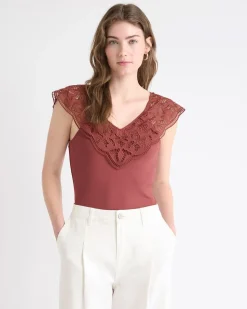 V-Neck Ribbed Top with Short Flutter Sleeves