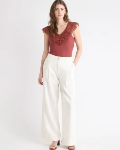 V-Neck Ribbed Top with Short Flutter Sleeves