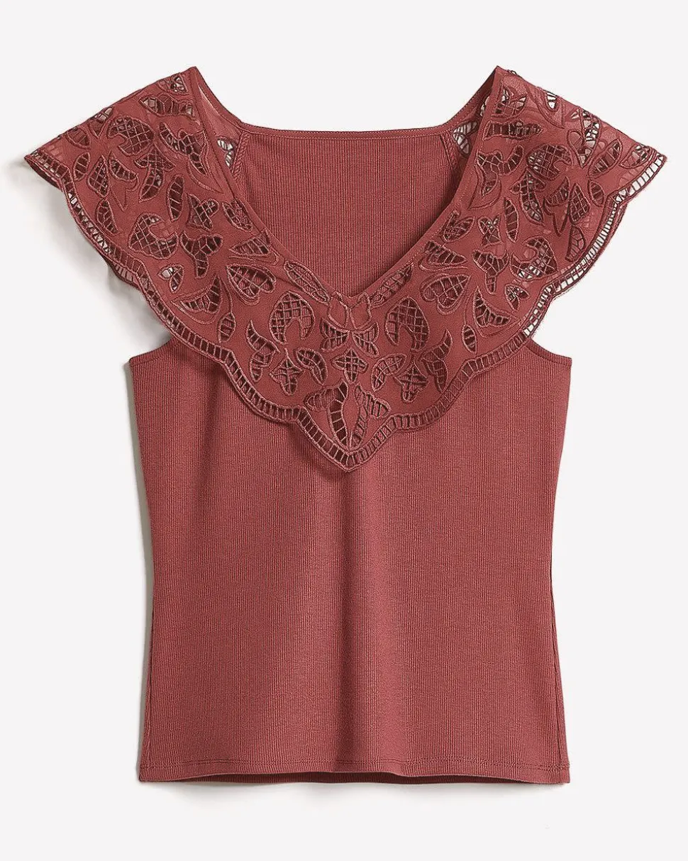 V-Neck Ribbed Top with Short Flutter Sleeves