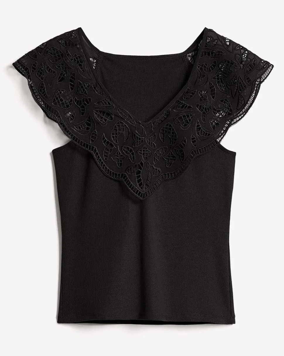 V-Neck Ribbed Top with Short Flutter Sleeves