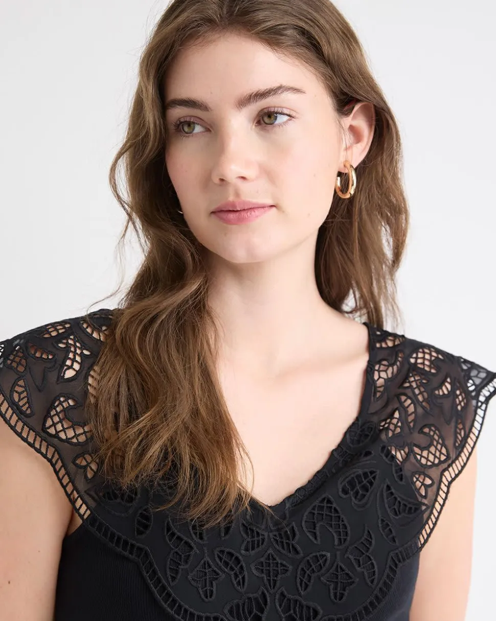 V-Neck Ribbed Top with Short Flutter Sleeves