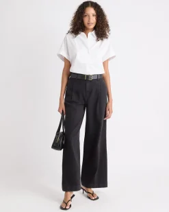 White Extended-Sleeve Poplin Bib Blouse with Shirt Collar
