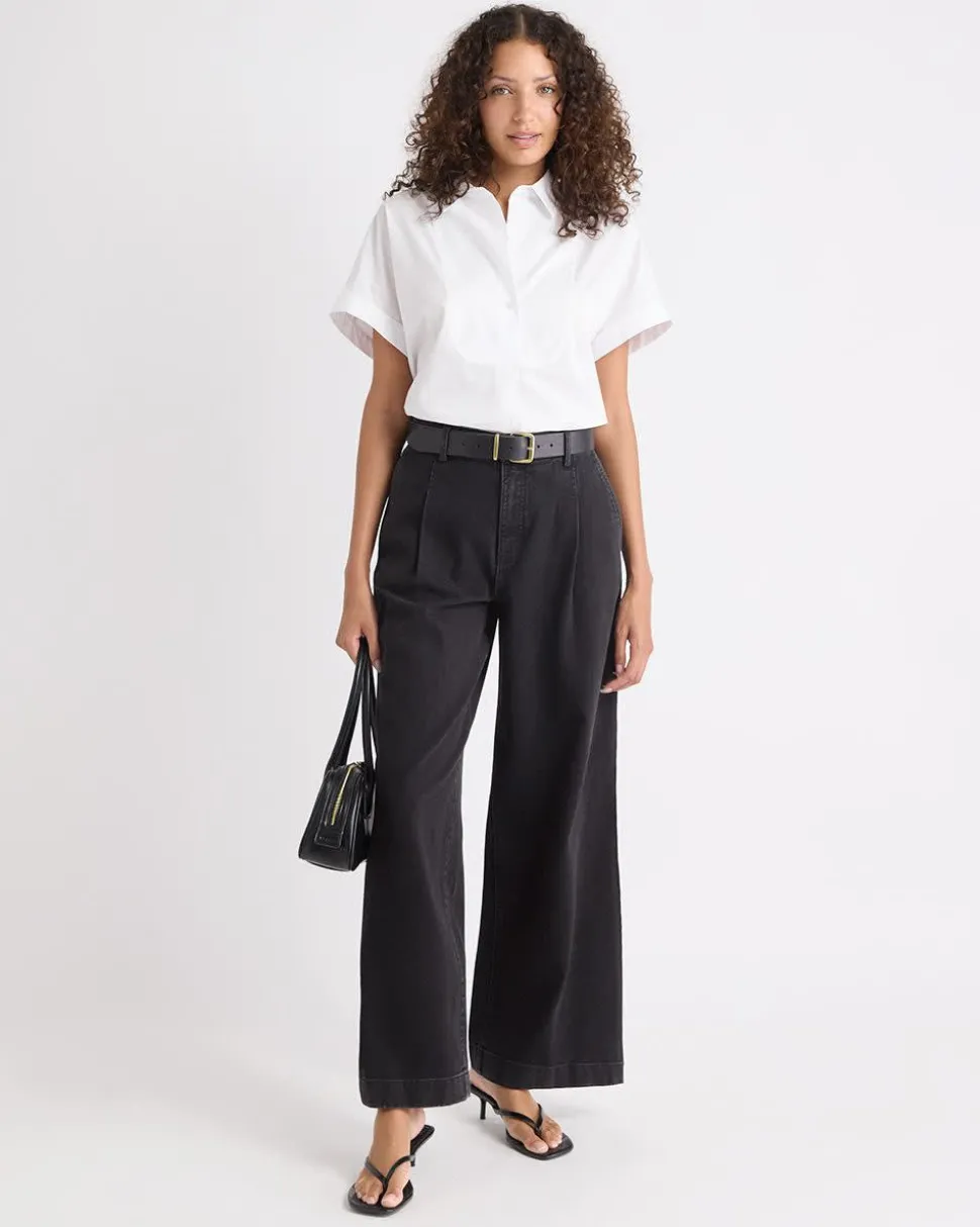 White Extended-Sleeve Poplin Bib Blouse with Shirt Collar