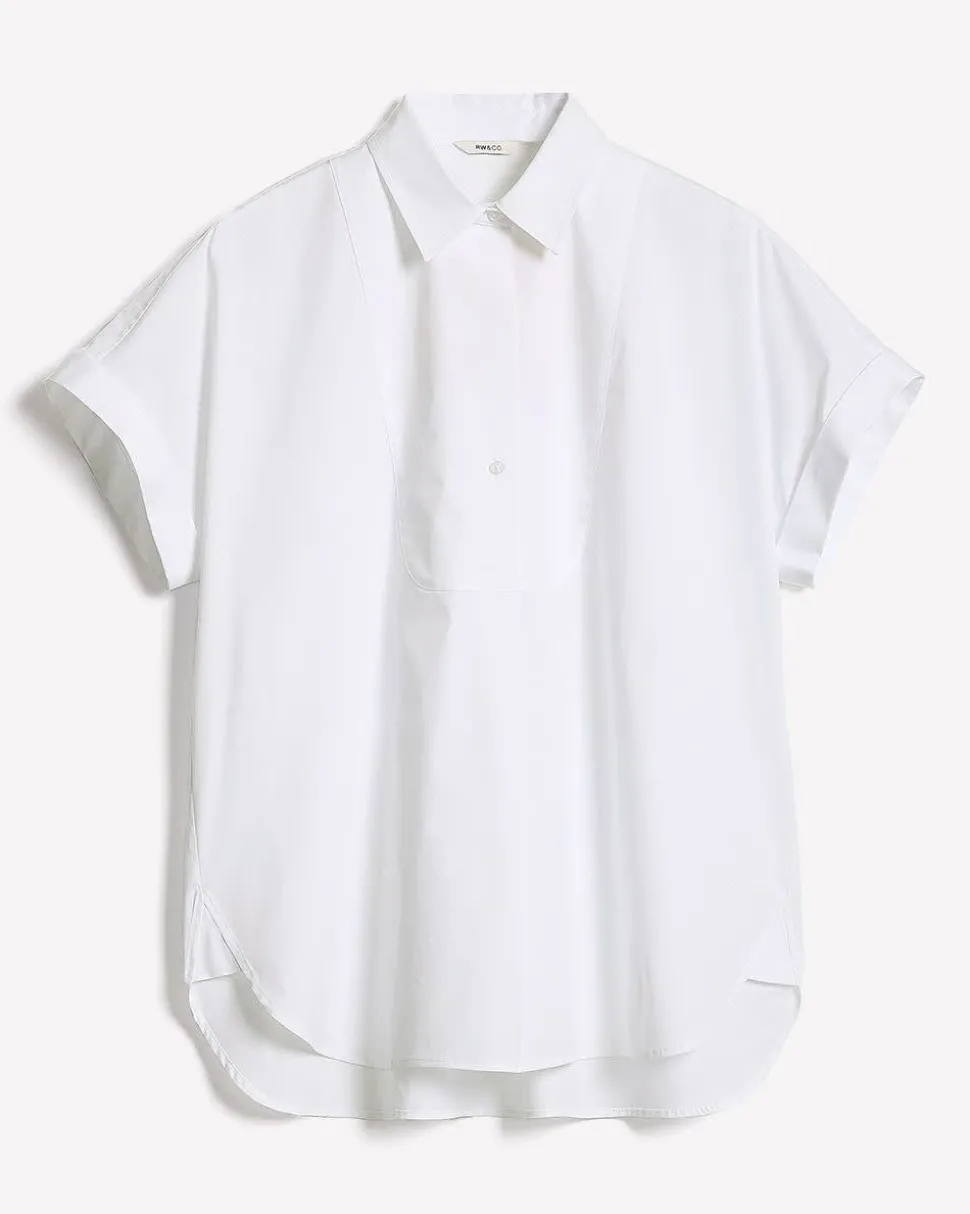 White Extended-Sleeve Poplin Bib Blouse with Shirt Collar