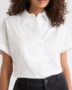 White Extended-Sleeve Poplin Bib Blouse with Shirt Collar
