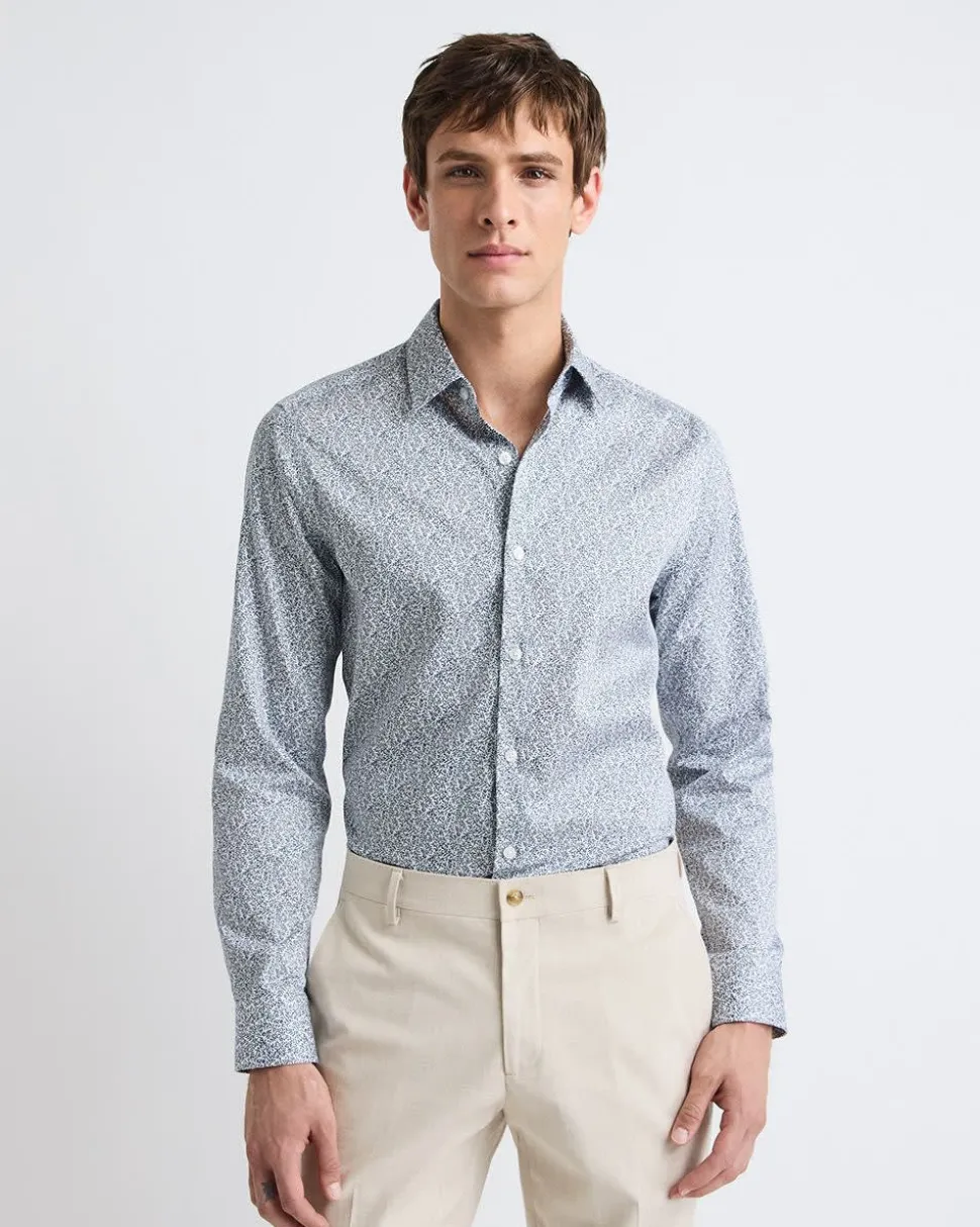 White Slim-Fit Dress Shirt with Navy Floral Pattern