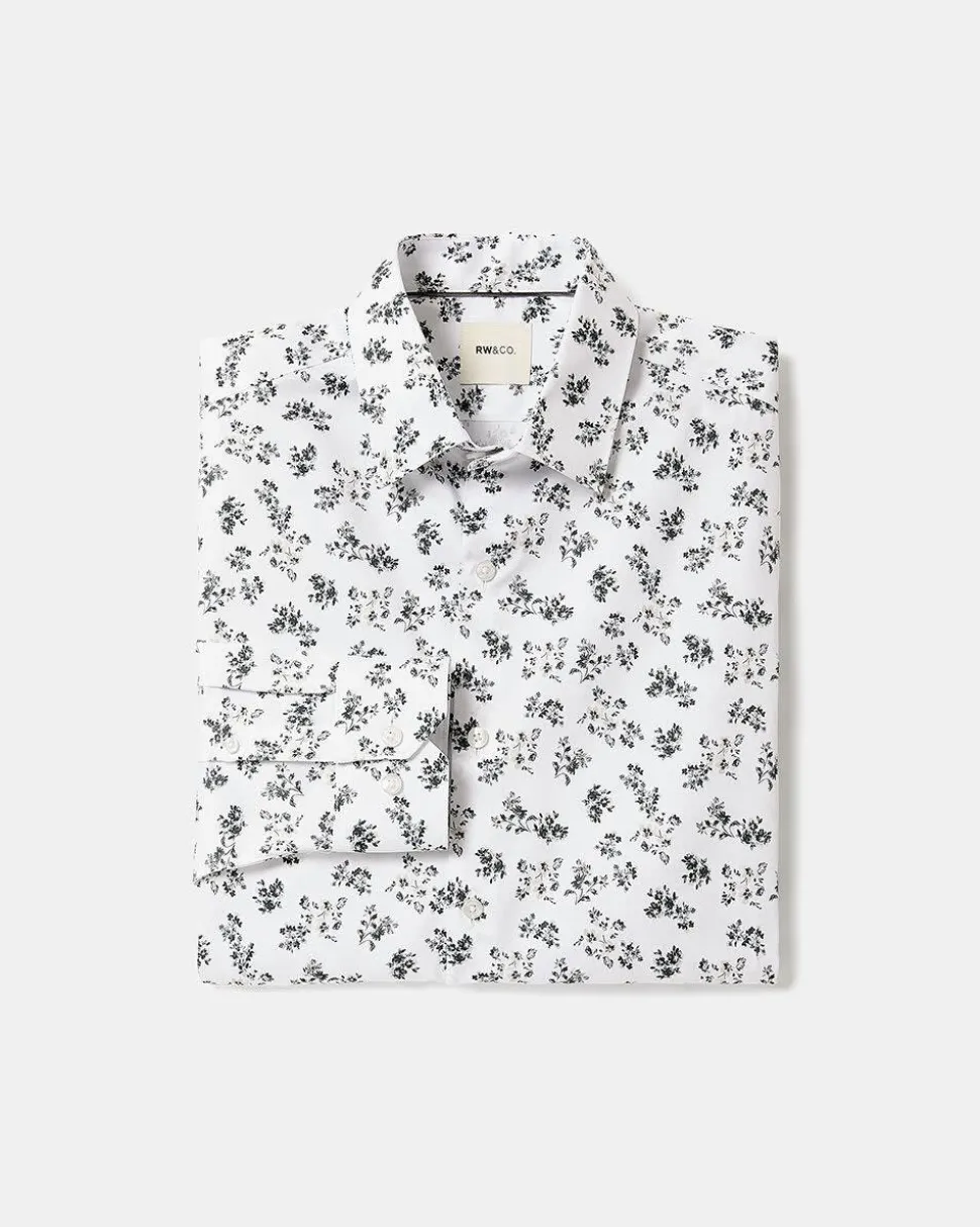 White Tailored-Fit Dress Shirt with Floral Pattern