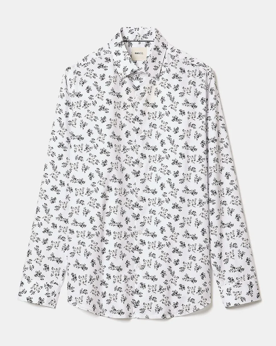 White Tailored-Fit Dress Shirt with Floral Pattern