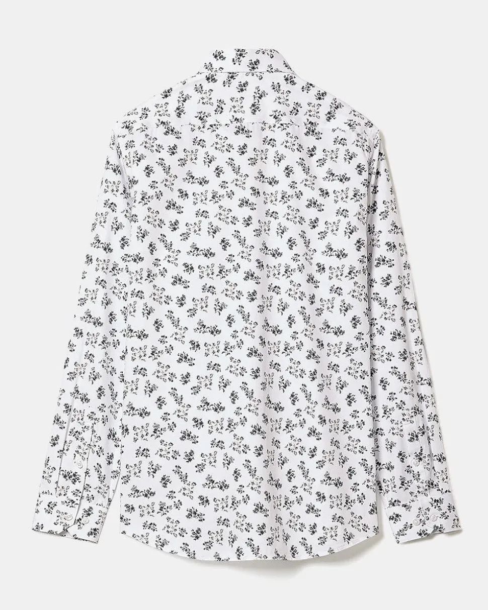 White Tailored-Fit Dress Shirt with Floral Pattern