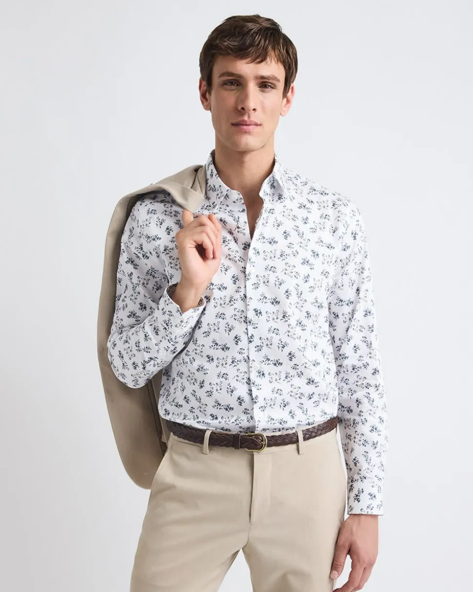 White Tailored-Fit Dress Shirt with Floral Pattern