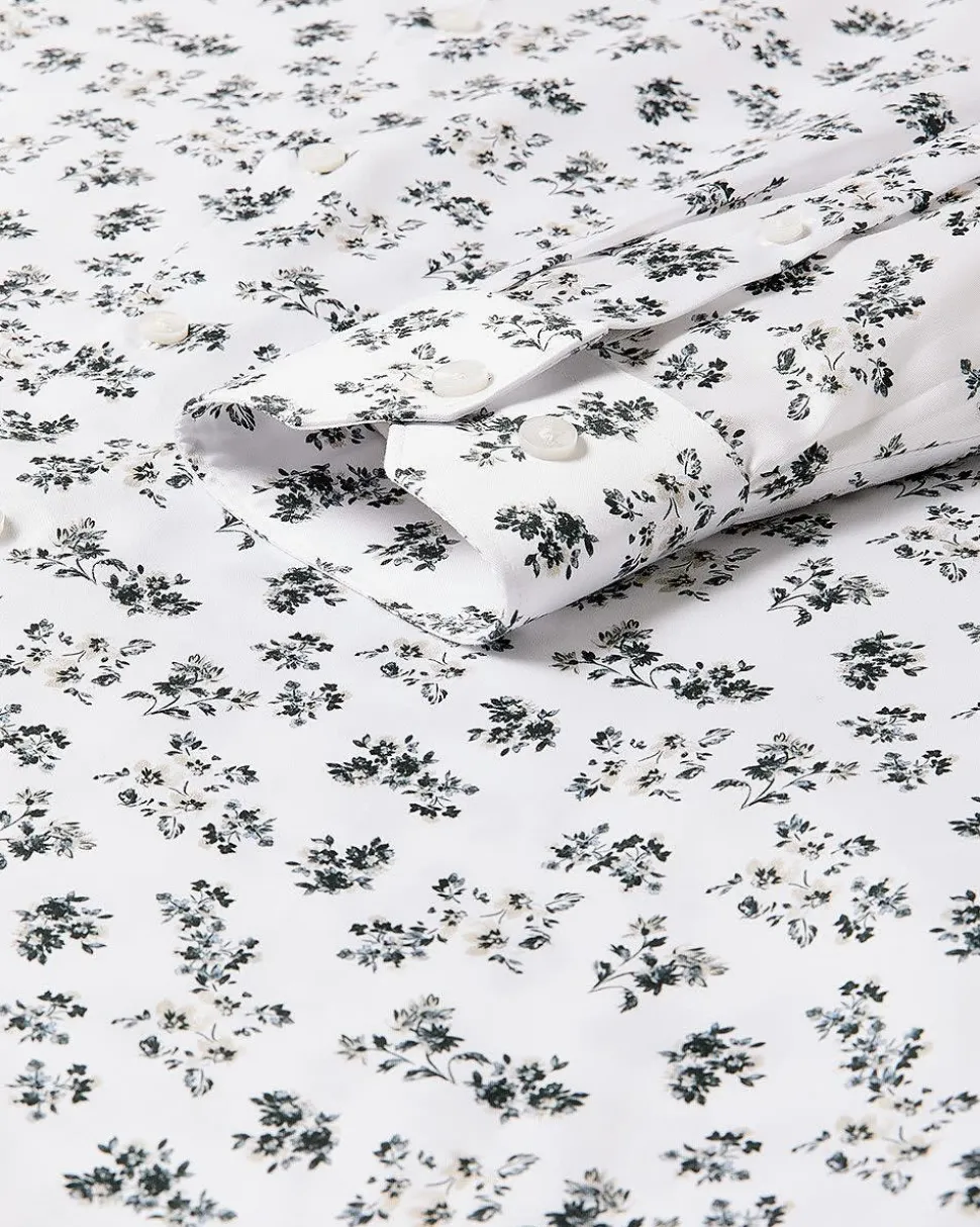 White Tailored-Fit Dress Shirt with Floral Pattern