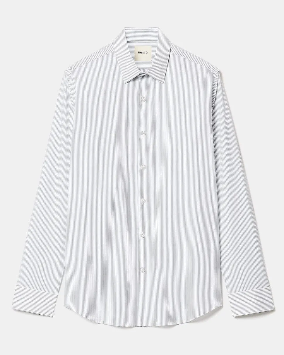 White Tailored-Fit Dress Shirt with Blue Stripes