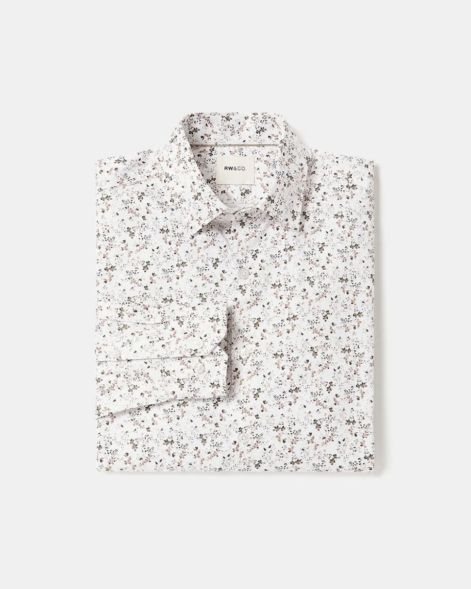 White Tailored-Fit Dress Shirt with Floral Pattern