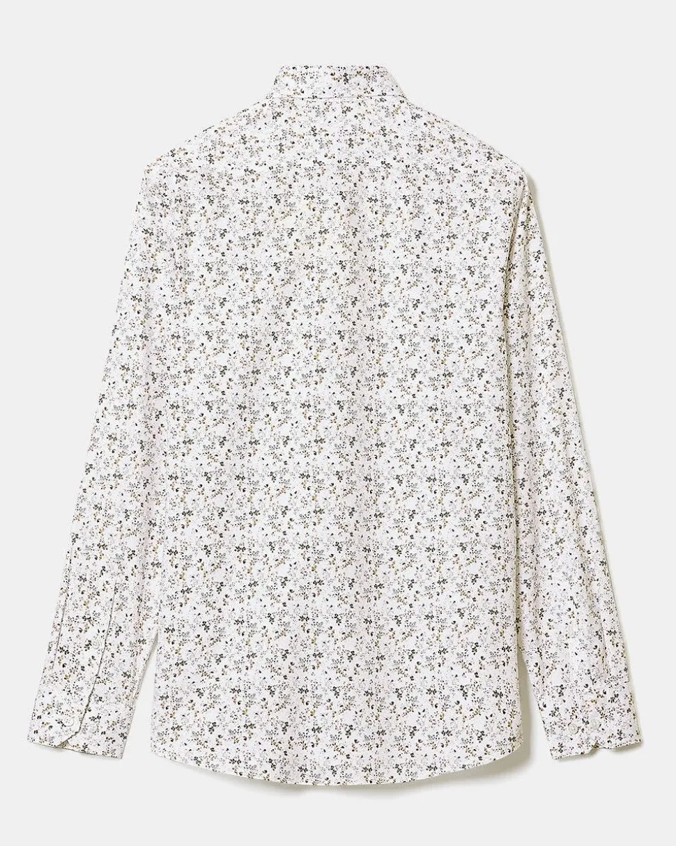 White Tailored-Fit Dress Shirt with Floral Pattern