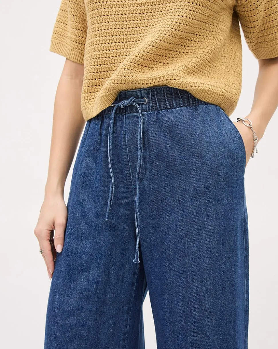Wide-Leg Denim Pants with Elastic Waistband